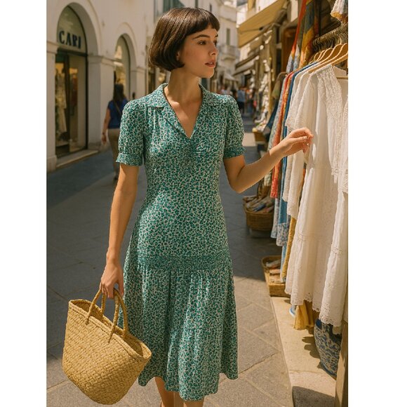 Loretta Caponi Green Floral Gilda Midi Dress